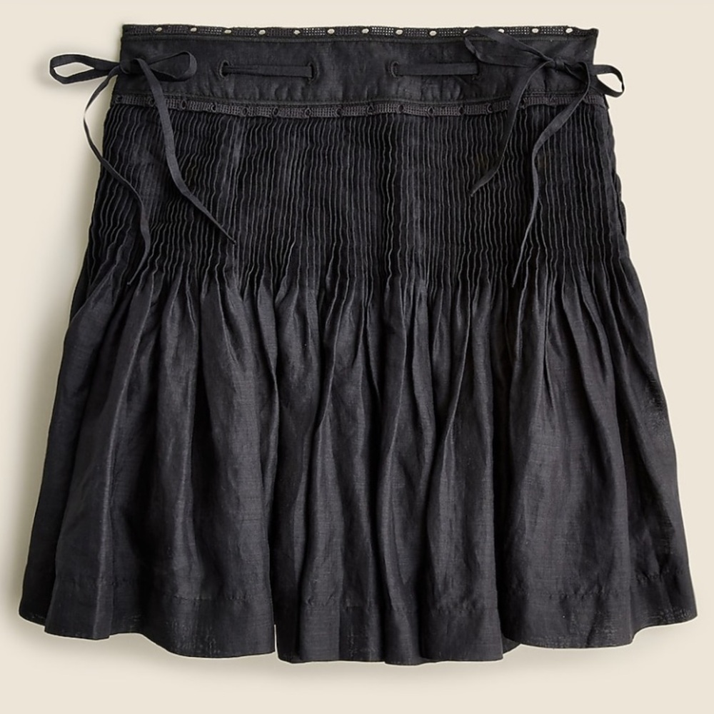 J. Crew Women’s Black Pintuck Bow Mini Skirt. 100% Ramie. Size 4. Fully Lined.